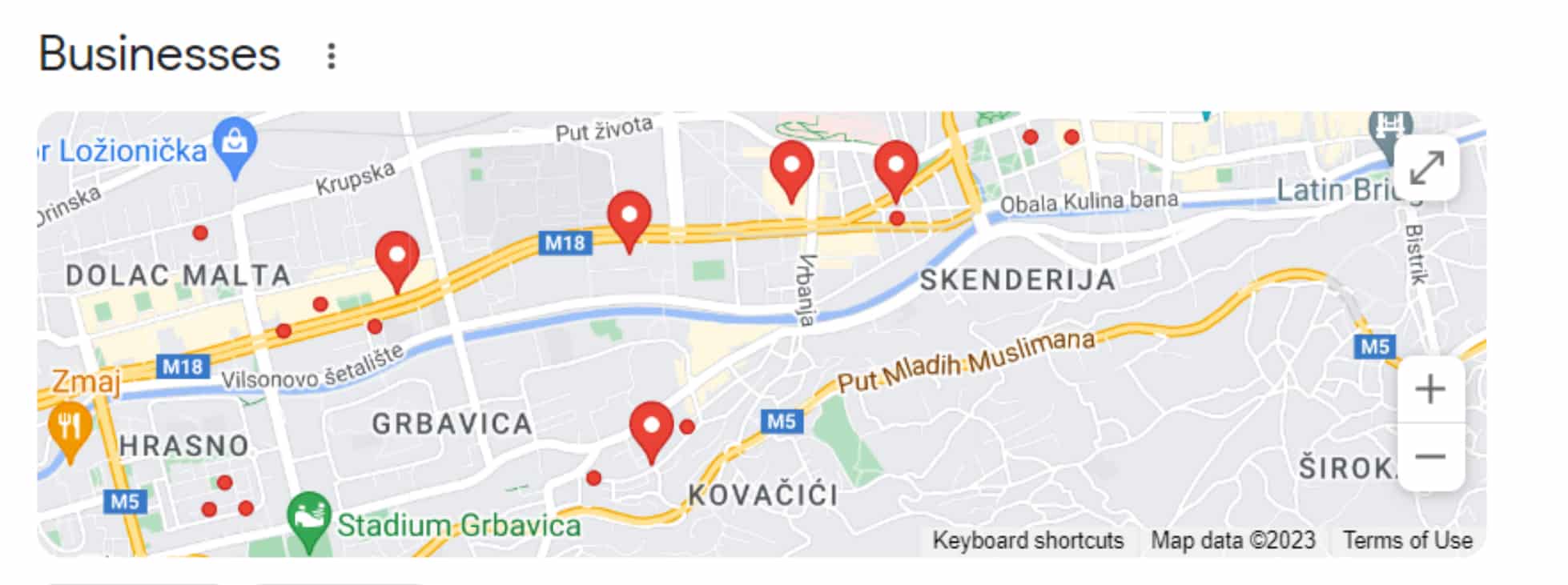 Prikaz dijela rezultata sa mapom lokalnih frizerskih salona