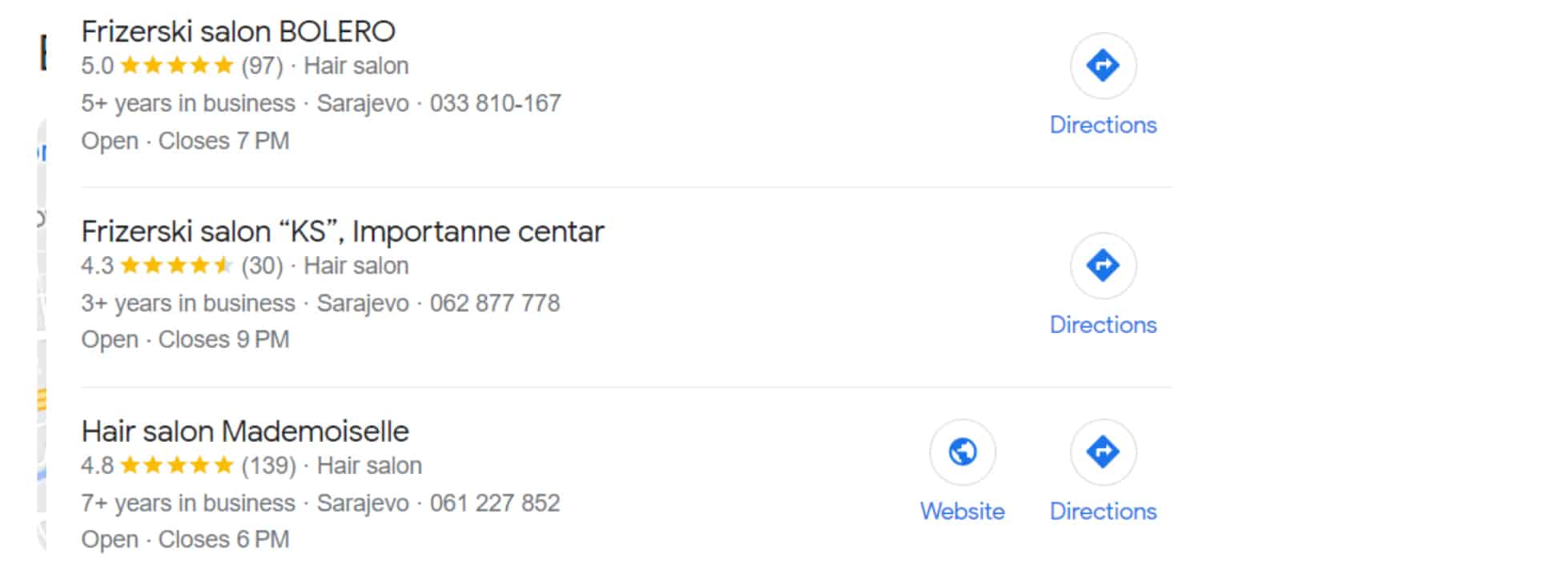 prikaz dijela rezultata iz Google Maps koji prikazuje samo istaknute rezultate sa detaljima o lokalnim frizerskim salonima