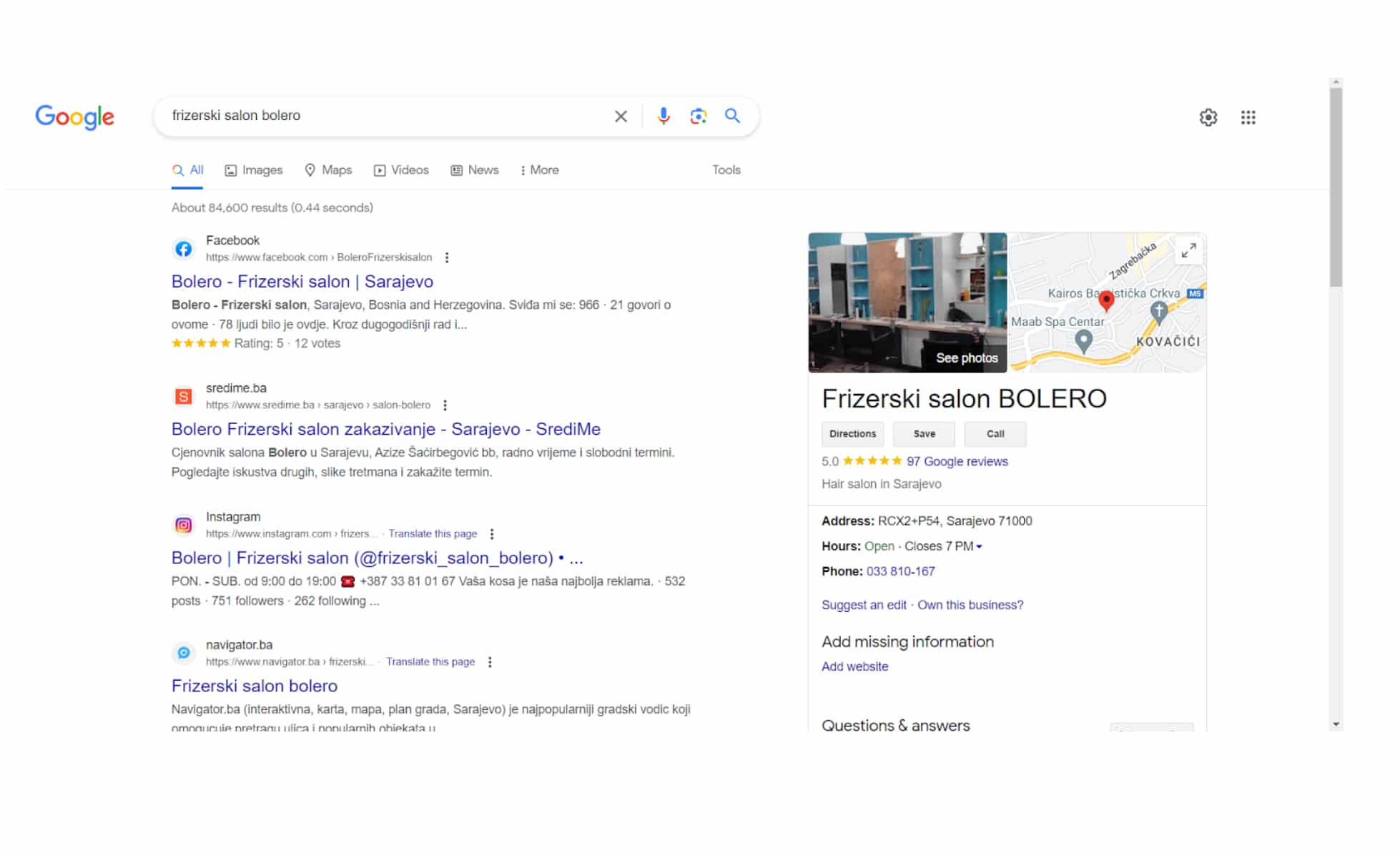 screenshot rezultata lokalnog SEO za upit "frizerski salon"