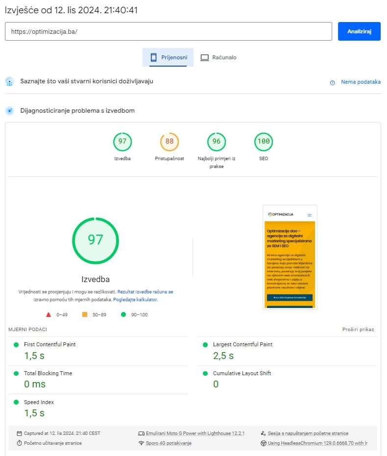 prikaz rezultata PageSpeed Insights za web sajt optimizacija.ba