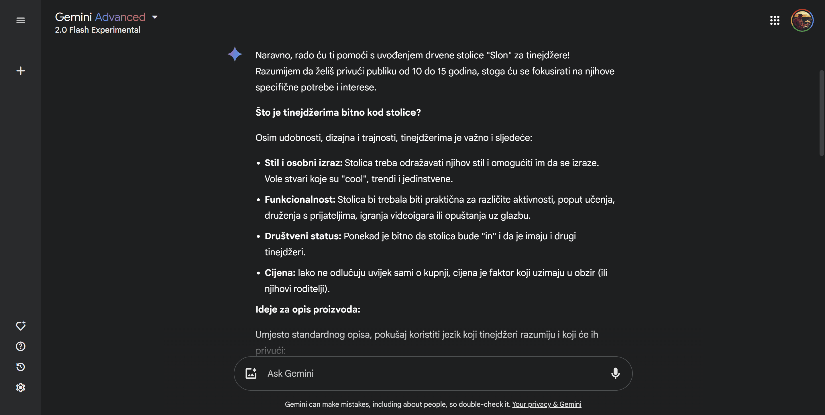Primjer iz Gemini za opis proizvoda - odgovor Screenshot 2024-12-13